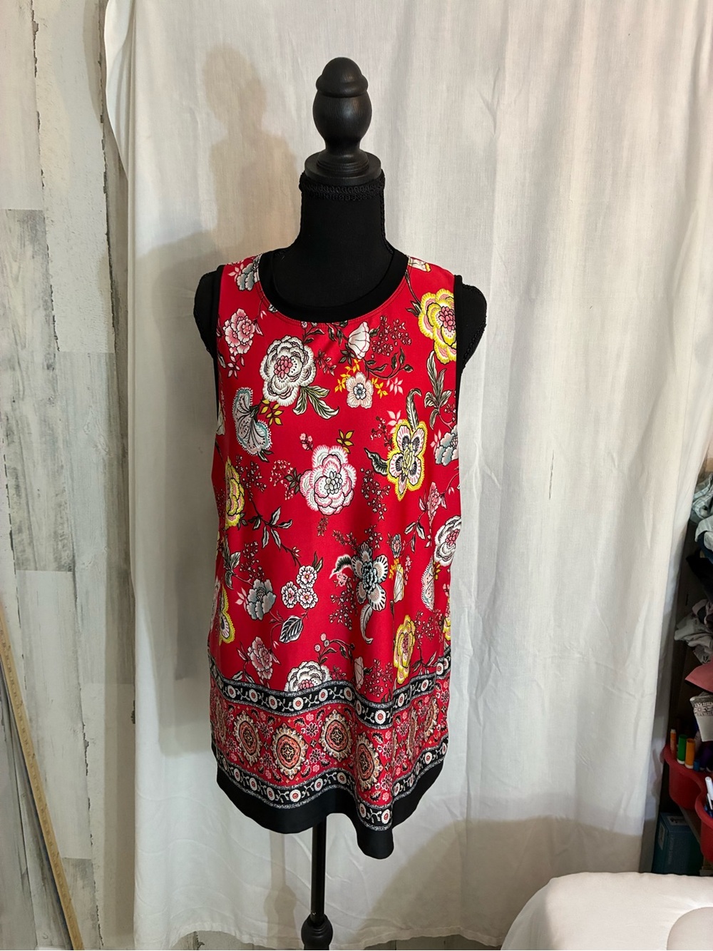 AGB Red Floral Sleeveless Tunic with Yellow Accents